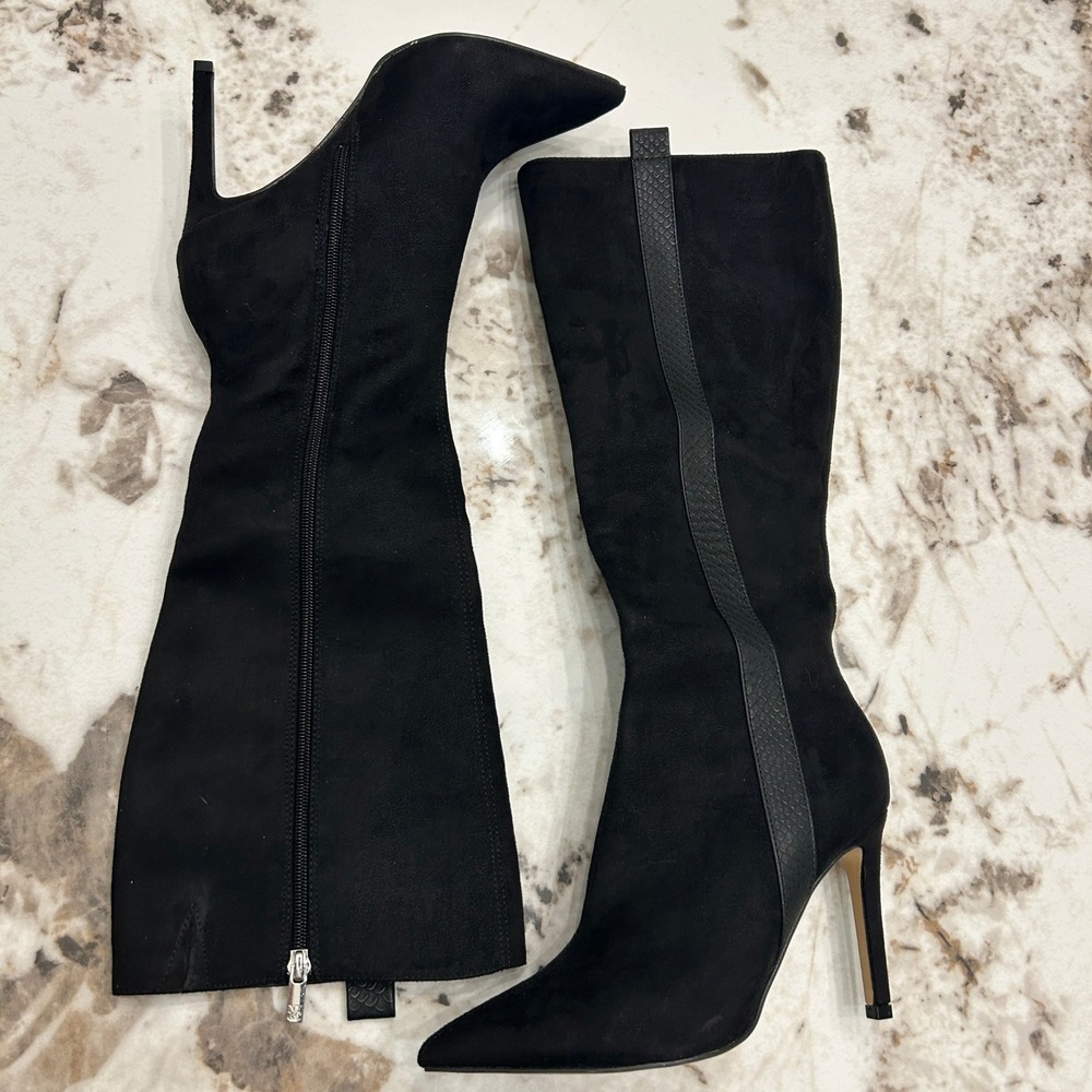 NY Collection Black Suede Pointed Toe Stiletto Heel Knee High Boots Size 8 - Picture 5 of 10